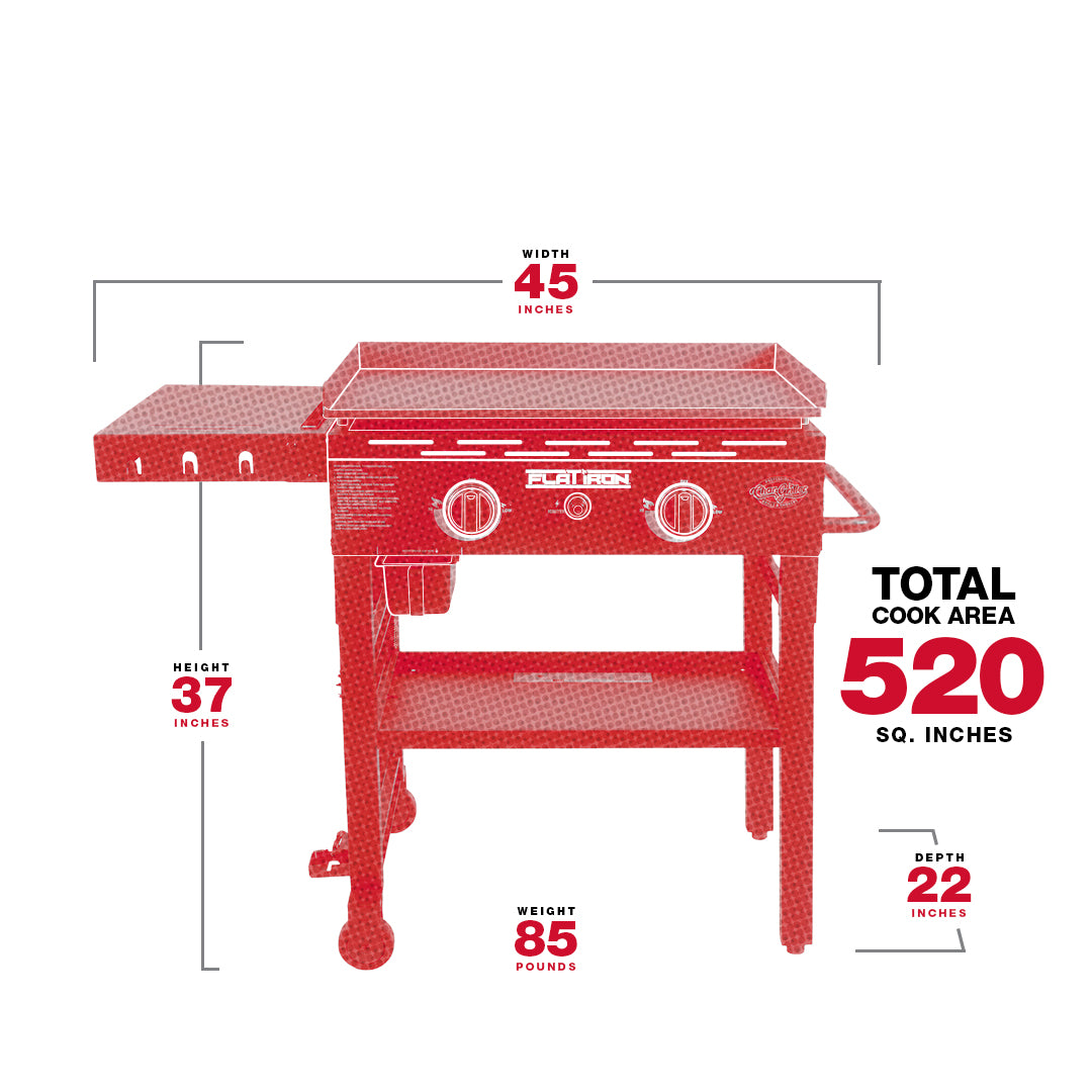 2-Burner Flat Iron® Gas Griddle, Covers, and Starter Kit Bundle specification image chargriller