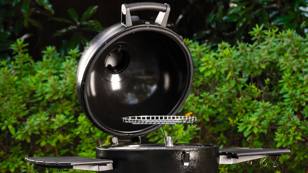 Black AKORN® Kamado Grill, Cover, Charcoal Chimney, and Lump Charcoal Bundle how it works photo