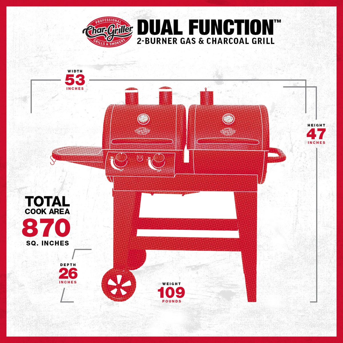 Dual Function 2-Burner Gas & Charcoal Grill specification image chargriller