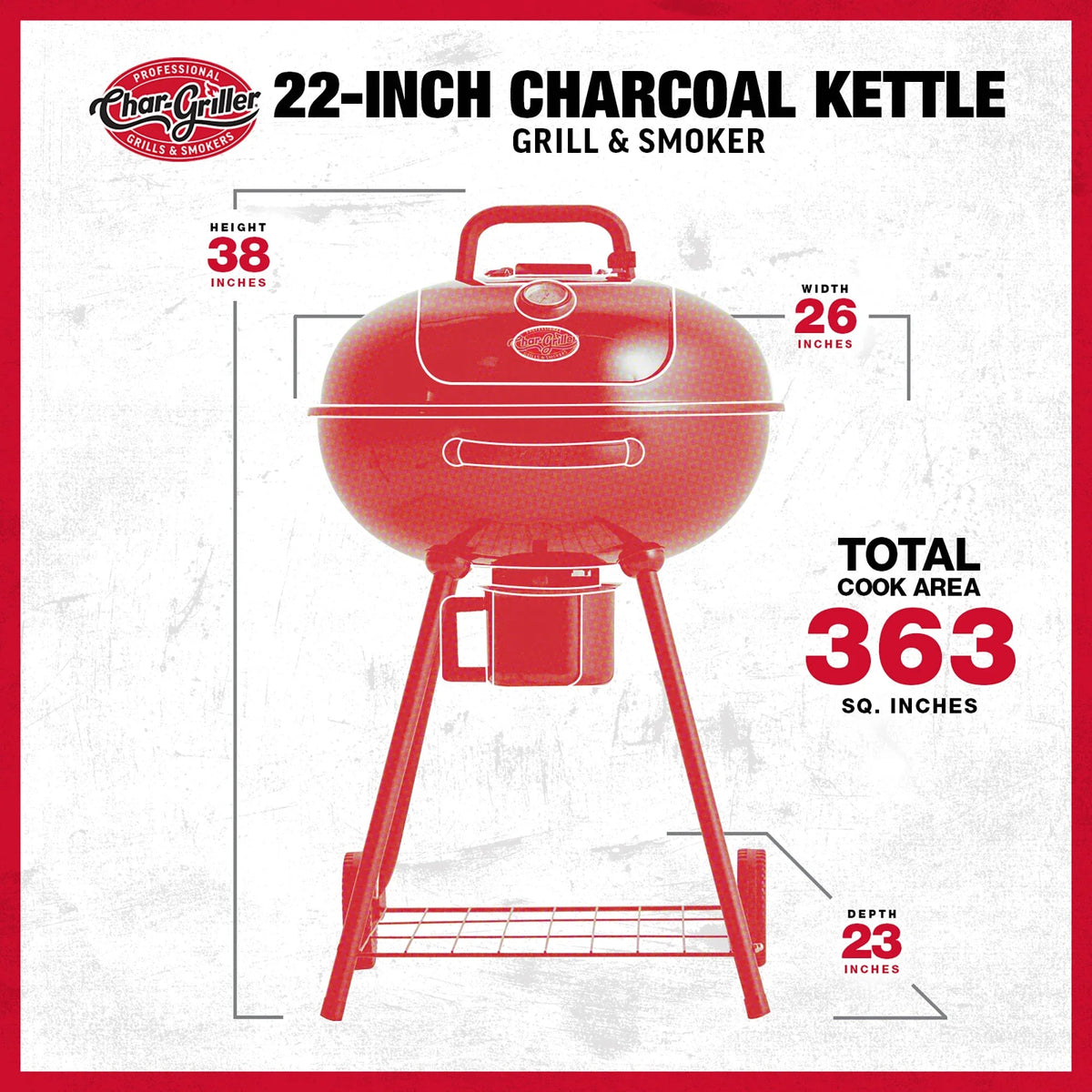 22-inch Kettle Charcoal Grill, Lump Charcoal, and Fire Starters Bundle specification image chargriller