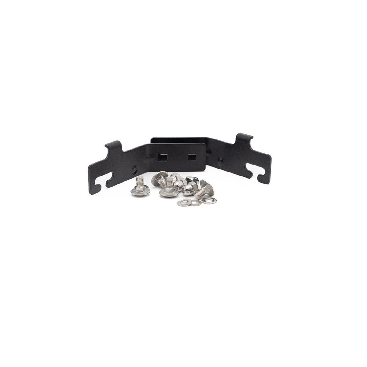 Black metal bracket with screws, washers, and nuts on a white background