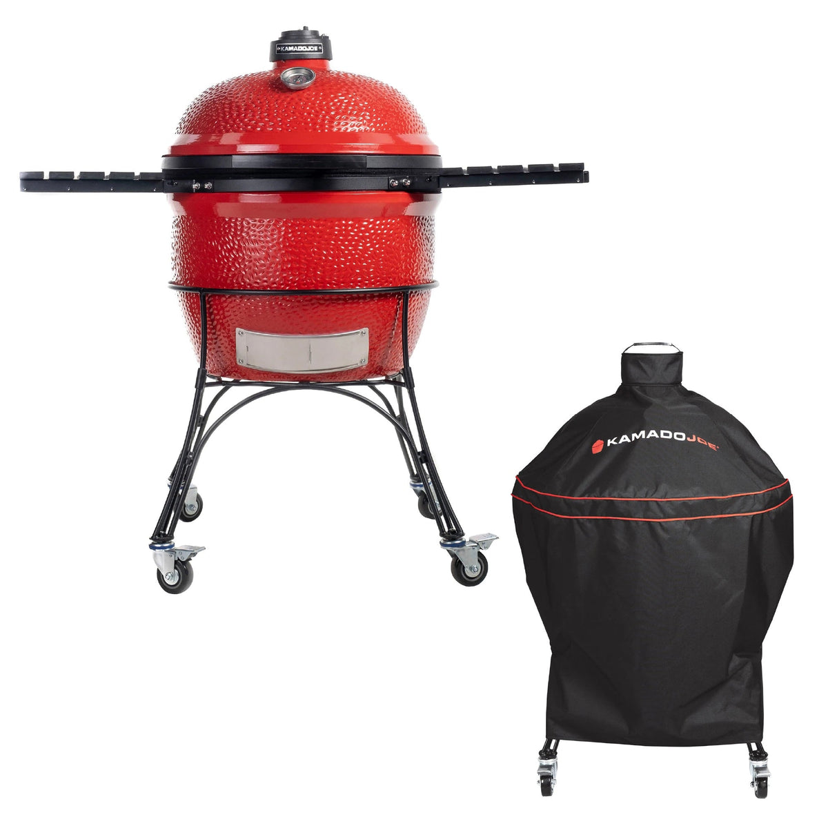 A 24-inch diameter Big Joe Series I grill in wheeled cart plus the Kamado Joe Heavy-Duty grill cover installed over a grill.