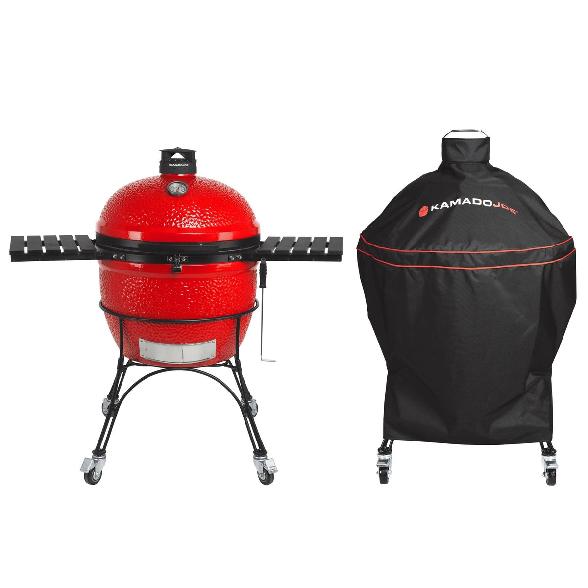 Big Joe II grill with cart and side shelves next to a heavy-duty Kamado Joe grill cover on a white background