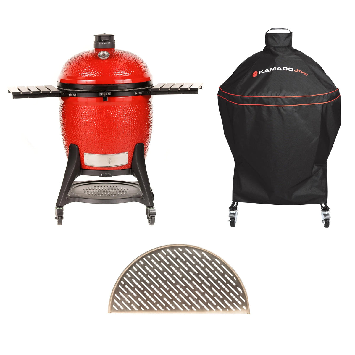 From top left, clockwise, a Big Joe III grill with side shelves up, the heavy duty cover installed over a Big Joe III grill with the shelves down, and a Stainless Steel half-moon fish and vegetable grate