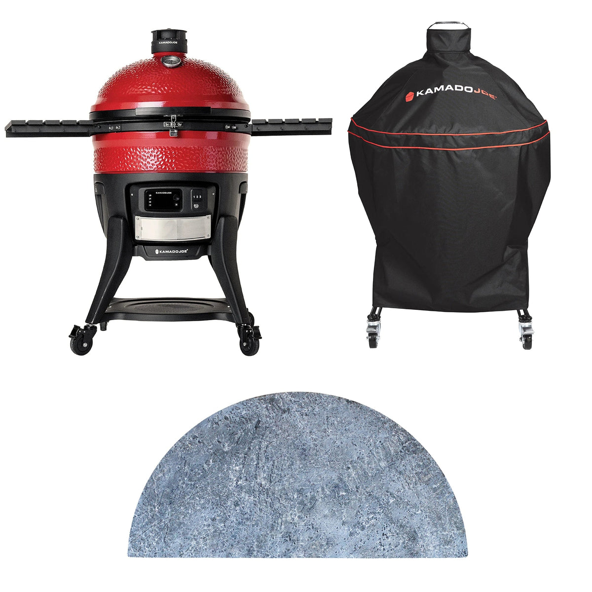 Big Joe Konnected Joe grill next to a black Kamado Joe grill cover with a half-moon soapstone surface below on a white background