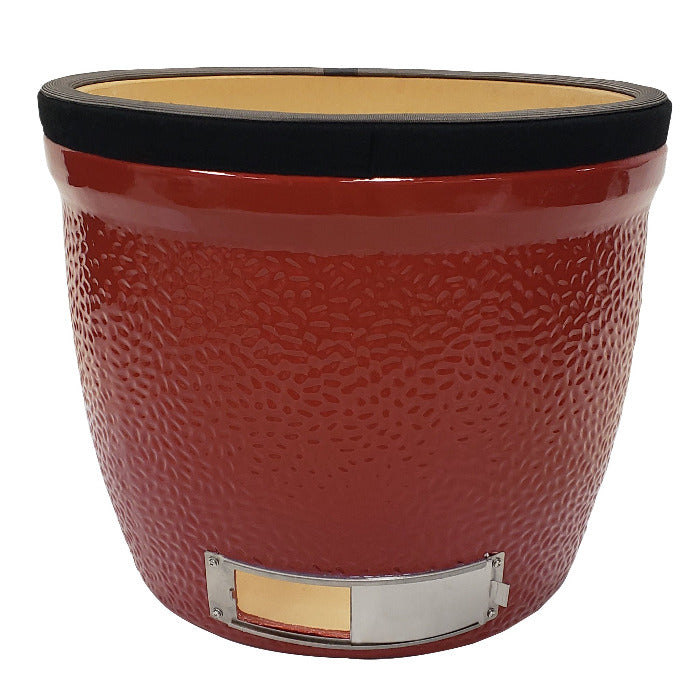 Red ceramic Kamado Joe Big Joe III base with metal draft door at the bottom and gasket around the top