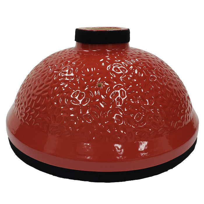 Red ceramic grill dome with gasket around bottom, hole for temperature probe, and chimney hole for vent at the top. For Classic Joe I grills.