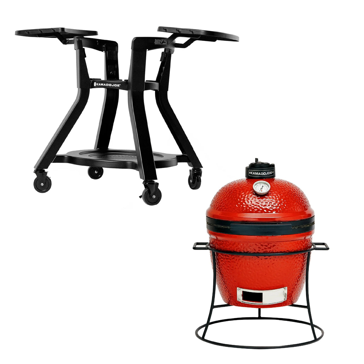 A Joe Jr cart with side shelves extended in the upper left corner and the Joe Jr grill sitting in the included cast iron stand in the lower right corner