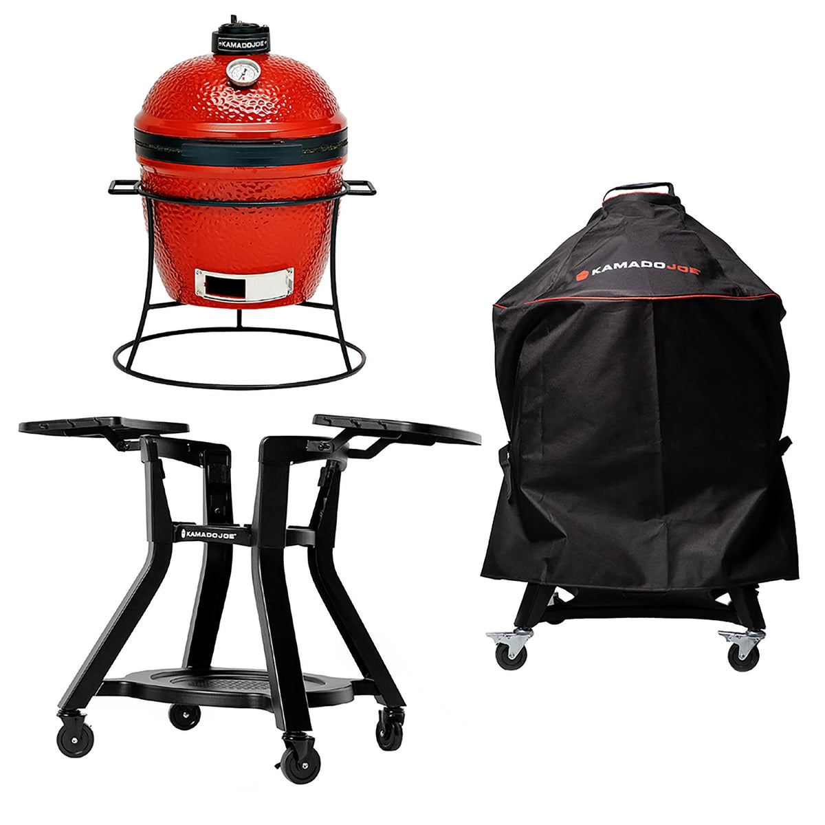 Collage image. Top left: Joe Jr grill in cast iron stand. Bottom left: the Joe Jr cart with shelves without a grill installed. Right: The full-length cover over the grill installed in a cart.