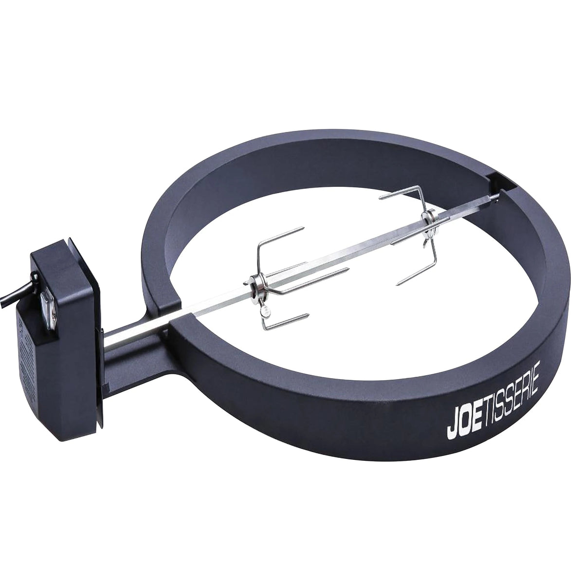 Assembled JoeTisserie with wedge-shaped ring and a metal spit rod with meat claws that runs from the side-mounted motor across the ring. Cutouts in the ring hold the spit rod in place.