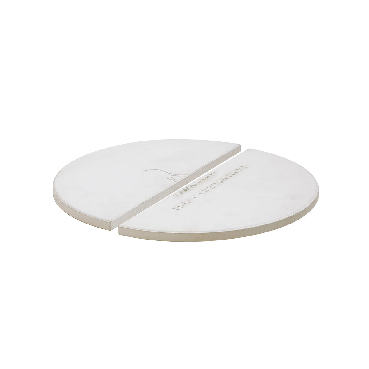 2 white ceramic half-moon deflector plates sitting next to each other, forming a circle with a small gap between the flat sides of the deflectors.