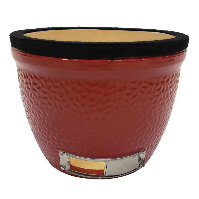 Red ceramic base with draft door at bottom and felt gasket around top
