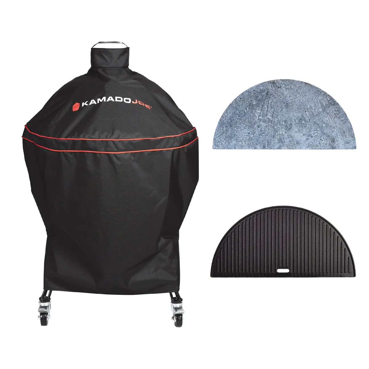 Big Joe® Half Moon Soapstone, Half Moon Cast Iron Reversible Griddle, and Cover