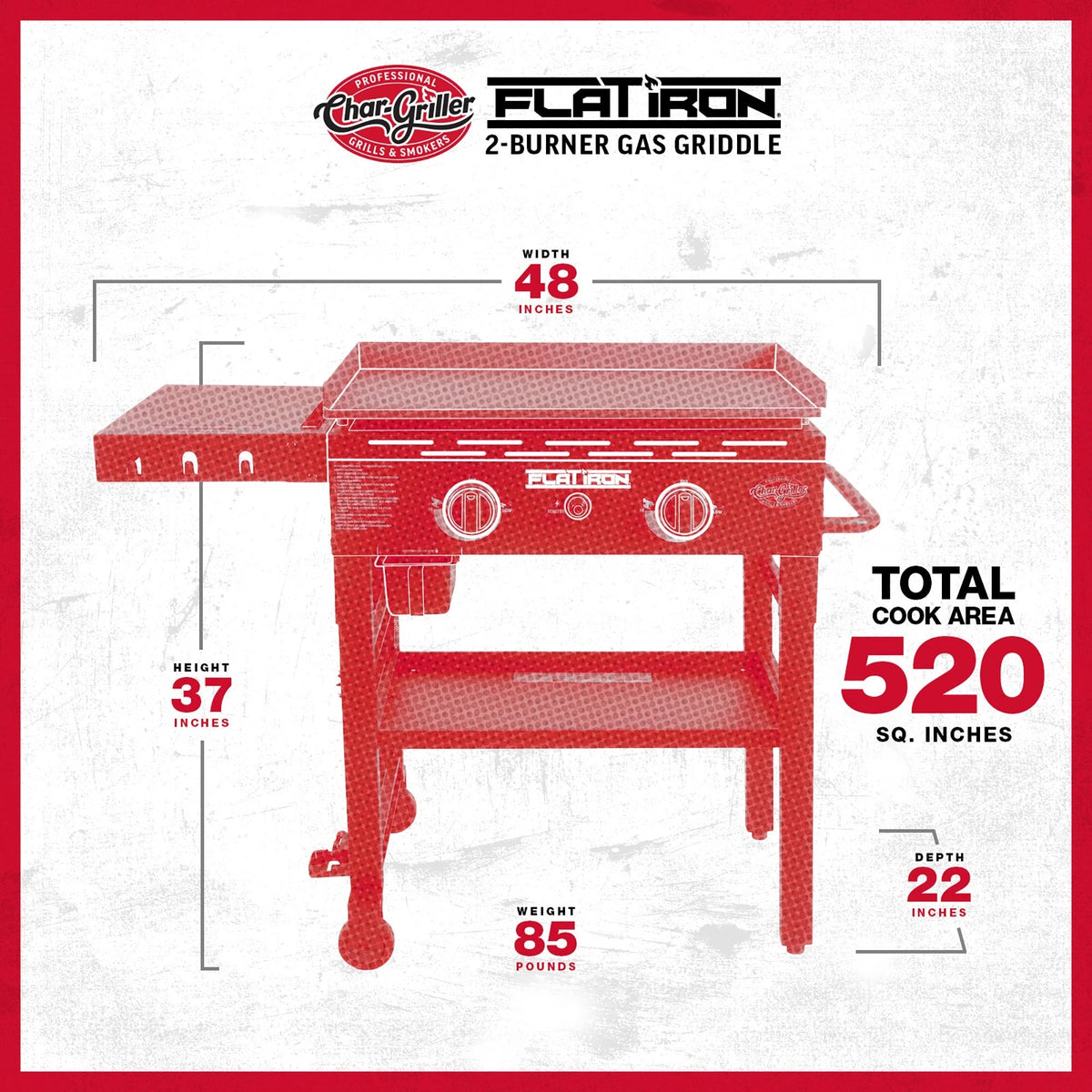 2-Burner Flat Iron® Gas Griddle with Lid specification image chargriller