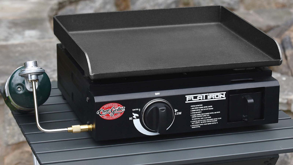 Flat Iron® Portable Gas Griddle, Cover, and Griddle Stand Bundle how it works photo