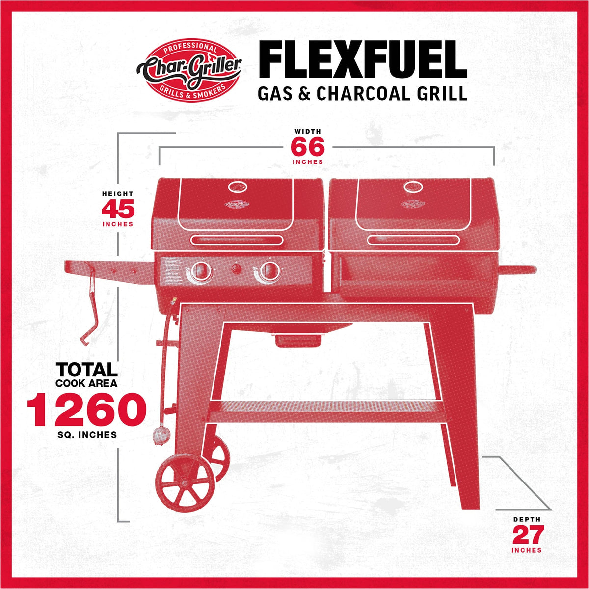FlexFuel™ Gas and Charcoal Grill and Smoker specification image chargriller