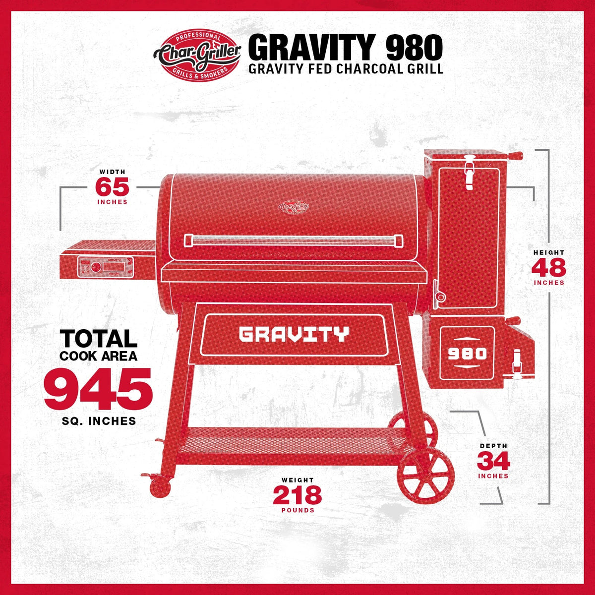 Gravity Fed 980 Charcoal Grill in Red specification image chargriller