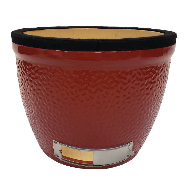 Red ceramic grill base with metal draft door at the bottom and gasket around the top