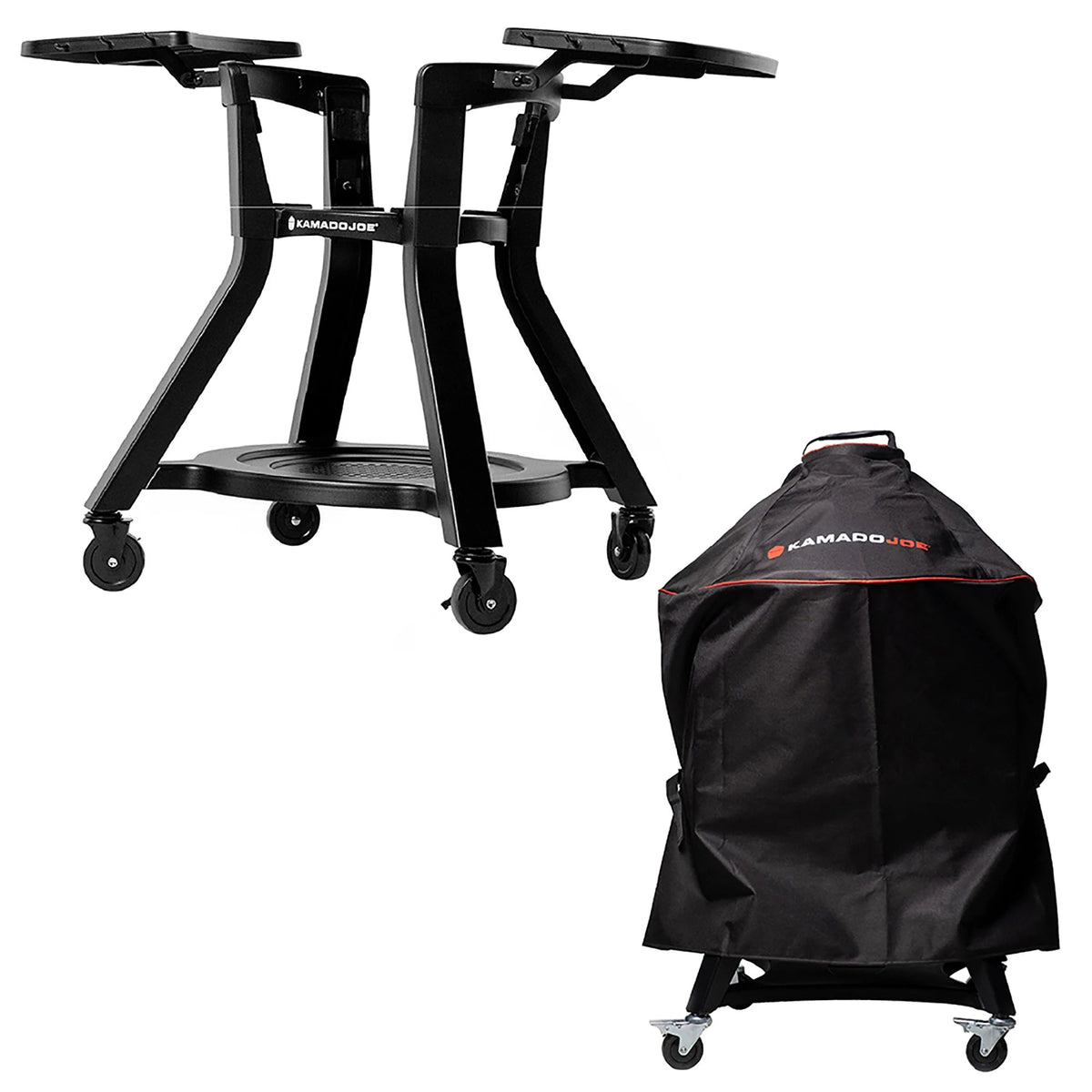 Top left: Joe Jr Cart with Shelves, bottom right: the cover installed over Joe Jr grill and cart.