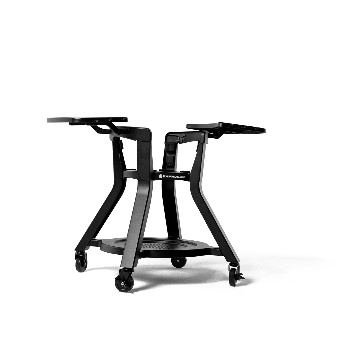 Black Joe Jr cart with shelves up against a white background. Card legs flare out at the bottom and a shelf sits between them.
