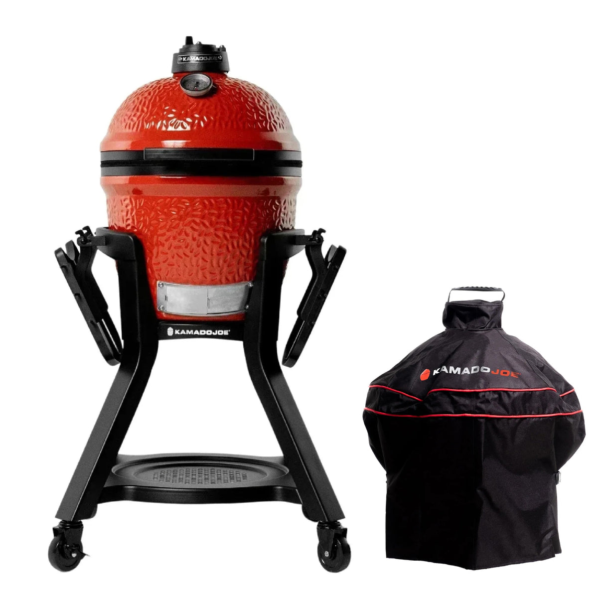 Joe Je grill sitting in the cart with shelves. A grill cover is shown separately to the right.