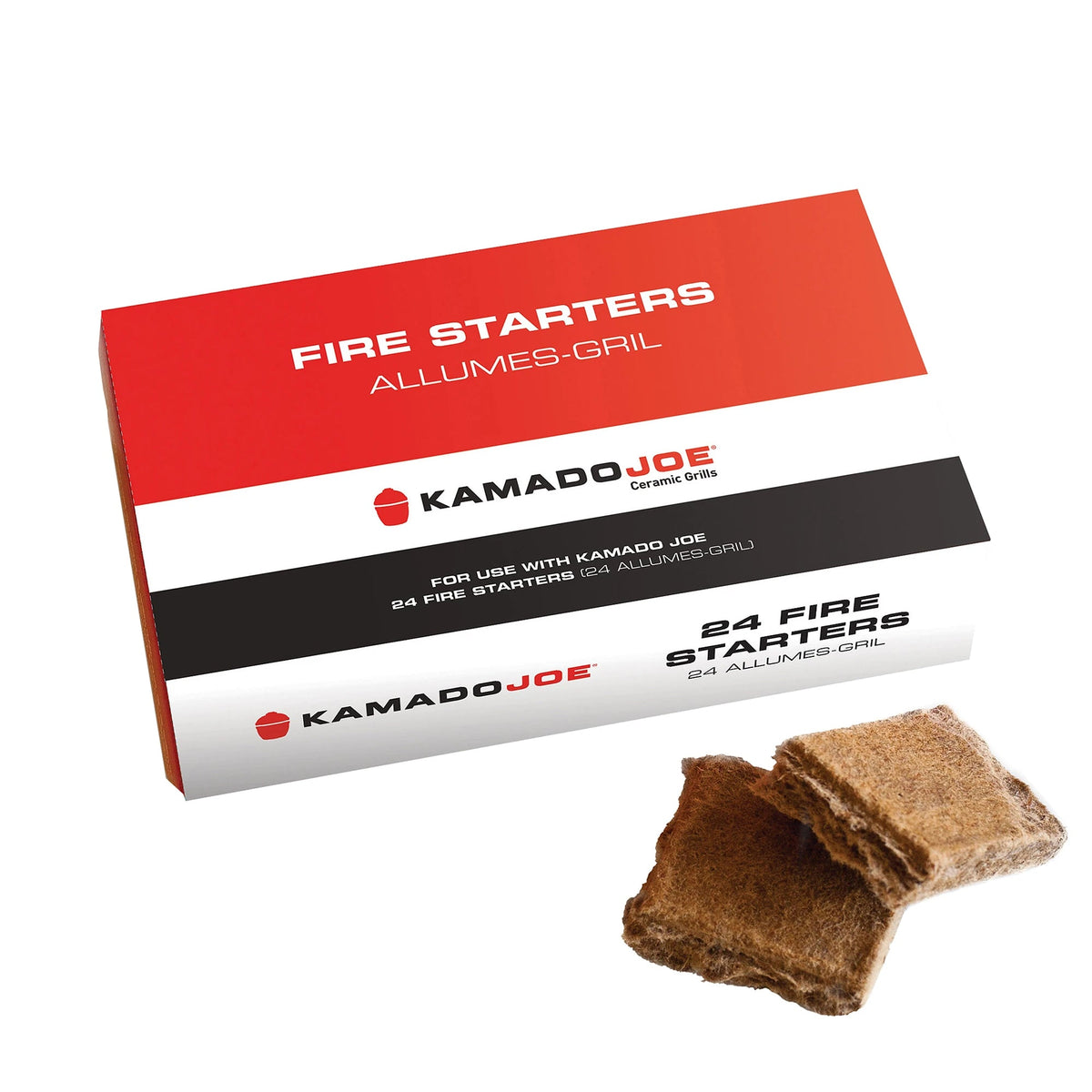 A box of 24 Kamado Joe Fire Starters. 2 separated fire starters sit in front of the box.